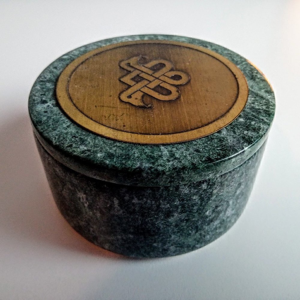 Vintage Green Stone Round Box with Brass Accent